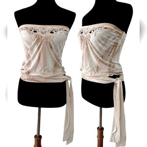 Vintage Tie Dye Tube Top w/ Lace Applique Size Small Lux Ivory Cream Hippie Boho